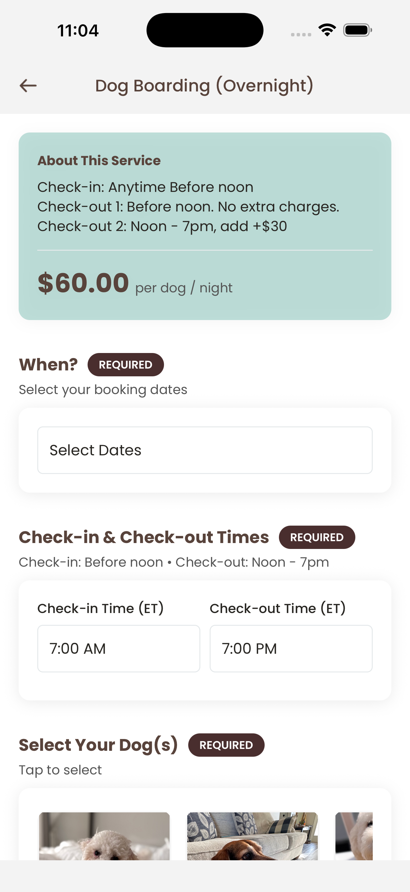 My Guilty Dogs - Booking Screen
